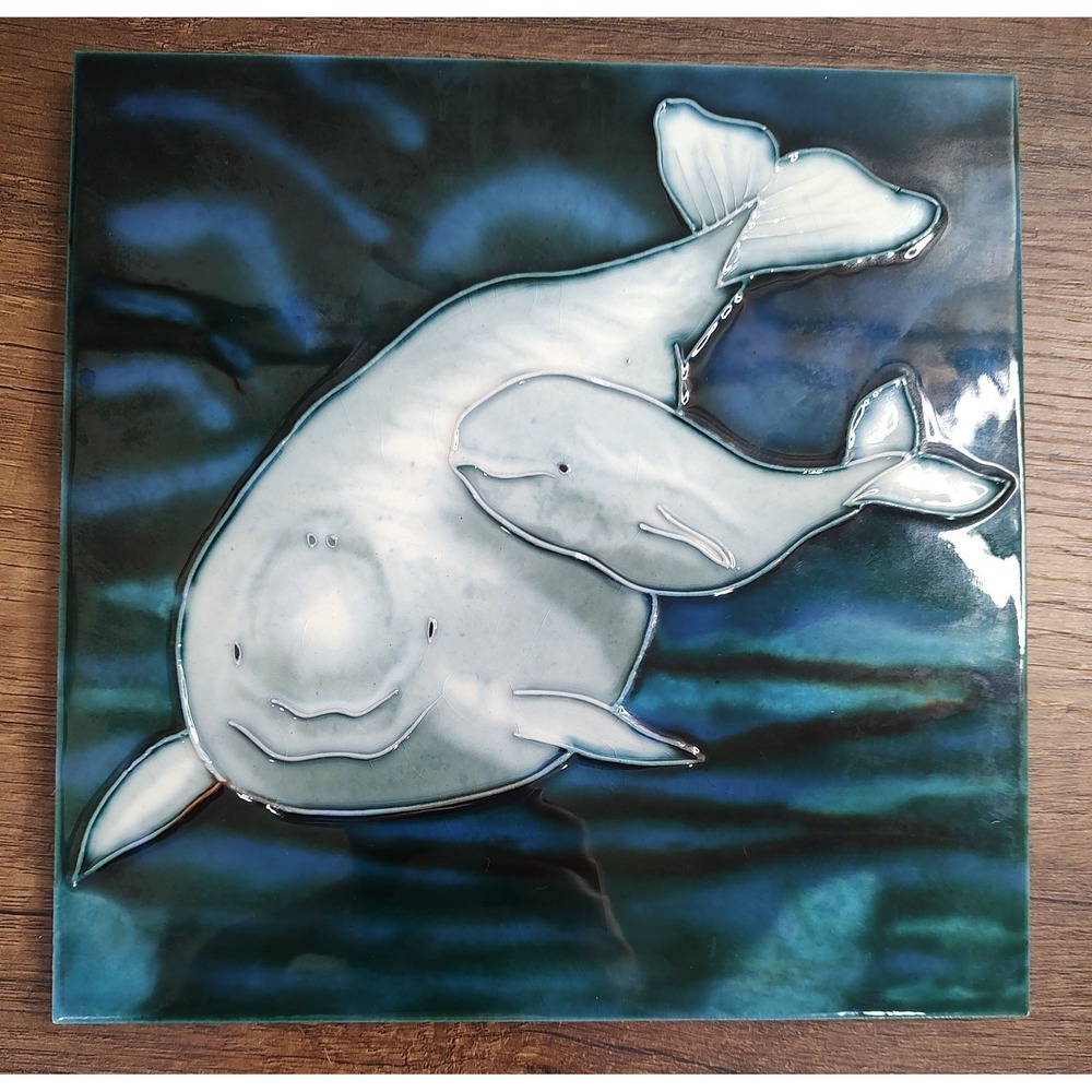 Beluga Whales Glazed Art Tile 8" Parent Child Baby Beluga Wall Decor  Arctic A14